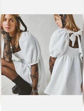 Free People Cream Knit Mini Dress with Puff Detail